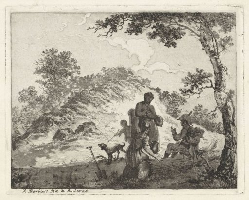 Resting figures by a tree trunk