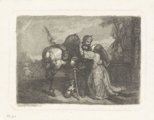 Woman bidding farewell to a knight