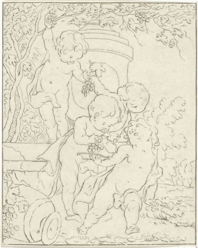 Four grape-picking putti by a vase