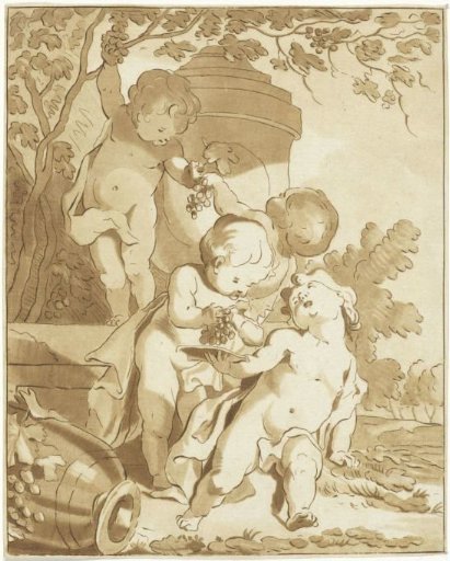 Four grape-picking putti by a vase
