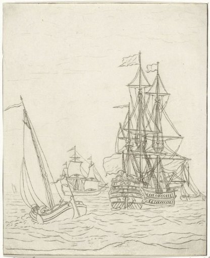 Warship and three sailing ships on the open sea