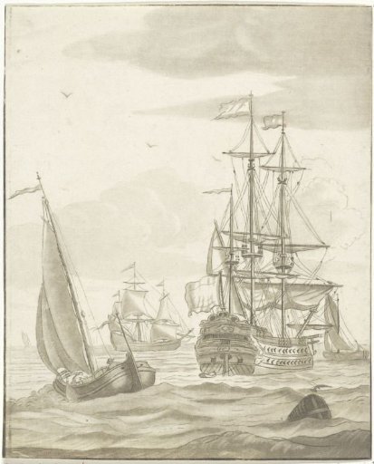 Warship and three sailing ships on the open sea