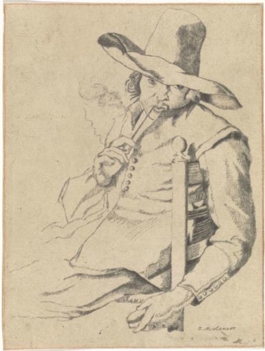 Man smoking a pipe with a tall hat sitting on a chair