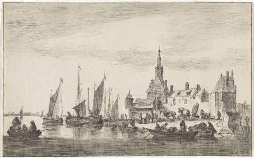 River View with Merchants on a Shore near Houses