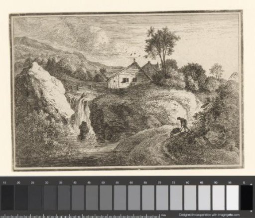 Landscape with a Waterfall and a Man with a Wheelbarrow
