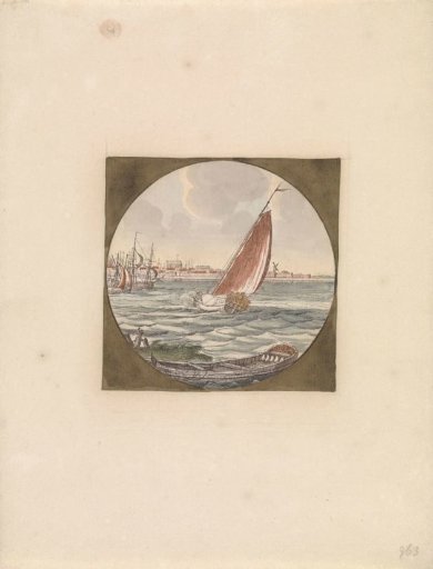 Sailing ship at sea and a skiff in the foreground