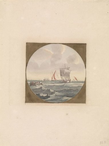 Skiff and sailing ships at sea