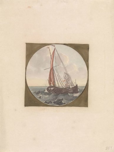 Sailing ship at sea, seen obliquely from behind