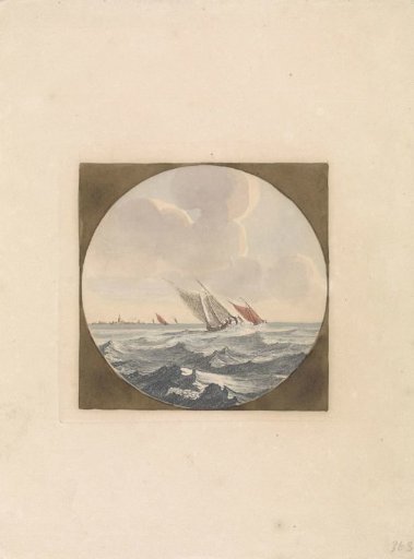 Two sailing ships at sea and a city on the coast