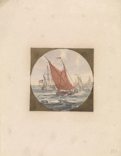 Three sailing ships at sea and a city on the coast
