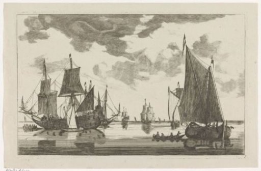Sailing ships and skiffs on calm sea