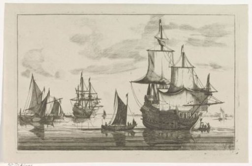 Two warships and other sailing ships on calm water