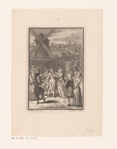 Group of People in Front of a Mill, Possibly a Scene from a Play