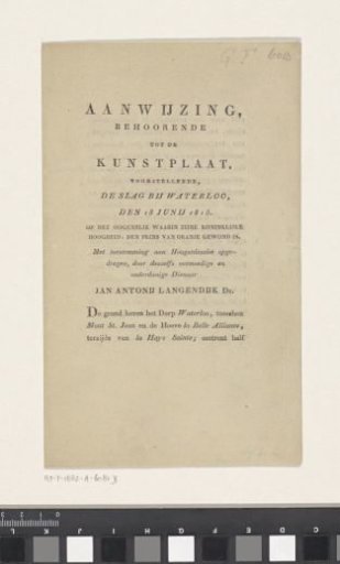 Instruction, belonging to the Art Print, depicting The Battle of Waterloo, June 18, 1815 (...)