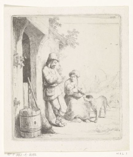 Man and woman with child at the door of a house