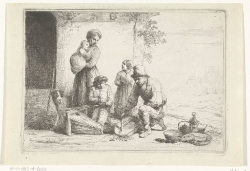 Cauldron mender repairing a pot, woman and children watching