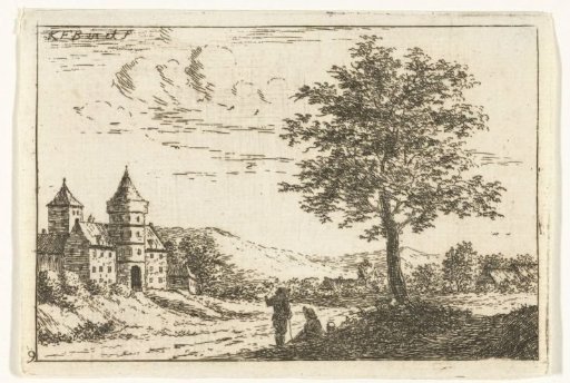 Hilly landscape with castle and resting travellers