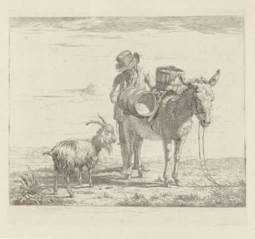 Man with a pack donkey and a goat