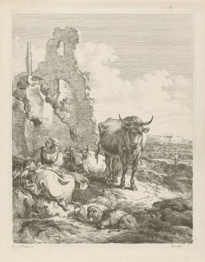 Landscape with standing and reclining cow and shepherdess in front of a ruin