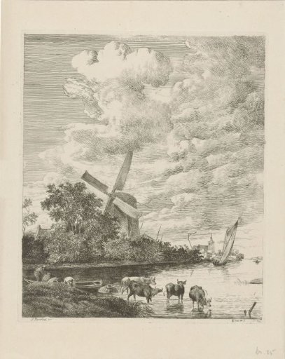 River view with mill and cows in the water
