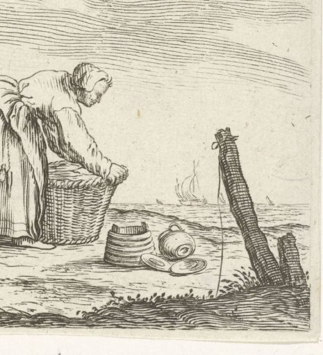 Dune landscape with a woman, bent over a basket