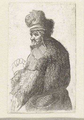 Old man seen from behind, profile right: half figure
