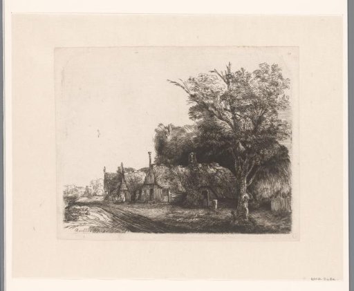 Landscape with three gabled cottages beside a road