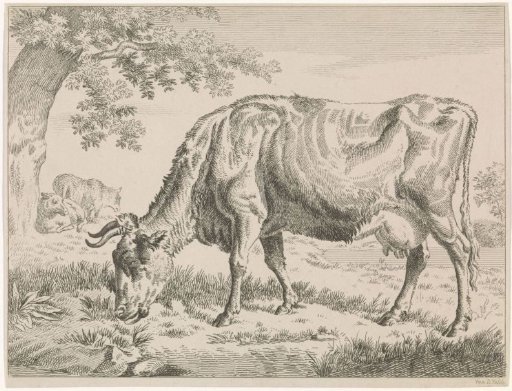 Grazing Cow by a Tree and Two Sheep