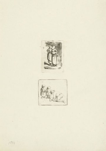 Two standing peasant women, one with a child on her arm