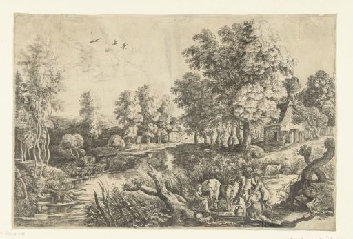 Farmers with cattle by a stream