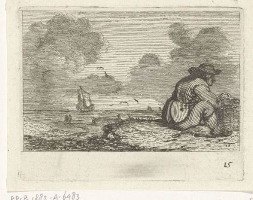 Dune landscape with a seated man by a basket