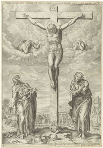 Christ on the Cross Flanked by Mary and John in a Landscape