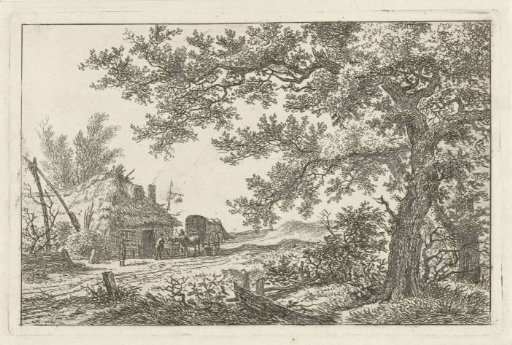 Covered wagon near a farm