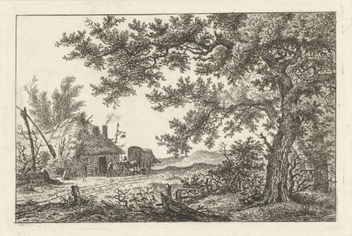 Covered wagon near a farm