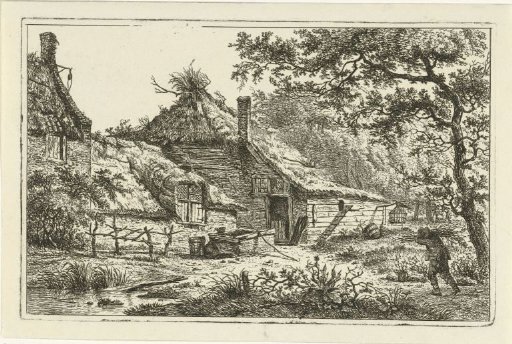 Farmyard with a man with brushwood