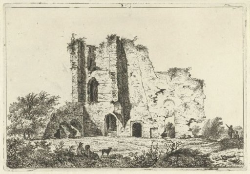 Shepherds with a dog near a ruin