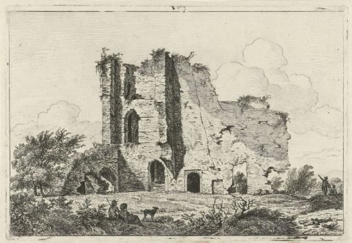 Shepherds with a dog near a ruin