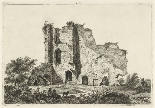 Shepherds with a dog near a ruin