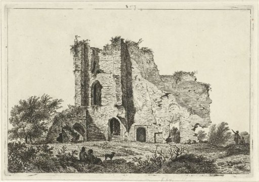 Shepherds with a dog near a ruin