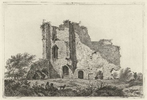 Shepherds with a dog near a ruin