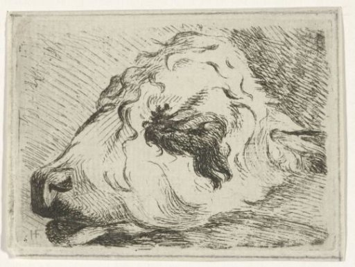 Head of a calf, in profile, resting on a beam