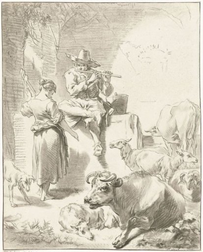 Flute-playing shepherd and spinning shepherdess