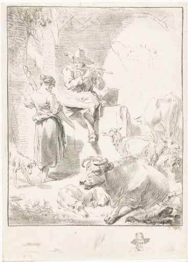 Flute-playing shepherd and spinning shepherdess
