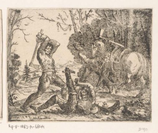 Two robbers attack a rider with axes