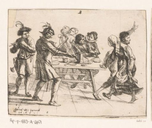 Musicians and dancing soldiers in an inn