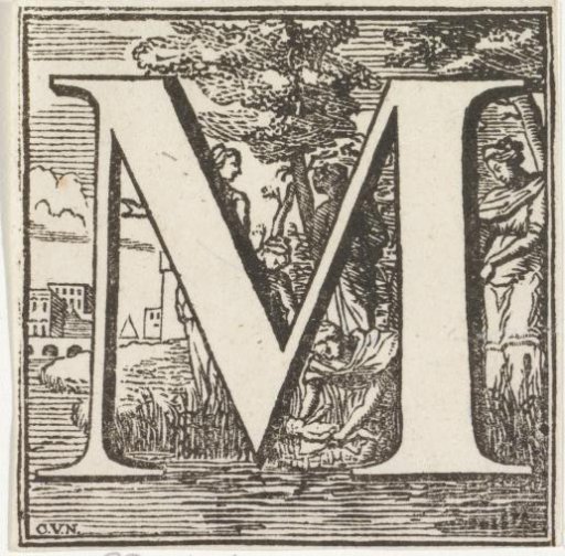 Letter M in a frame with a depiction of Moses being found by the daughter of the Pharaoh