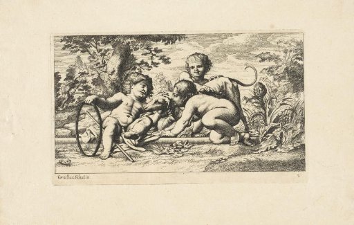 Three Putti Playing with a Dog