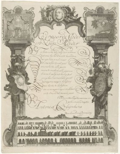 New Year's wish with calligraphed text within a border work depicting the funeral of William IV, 1754