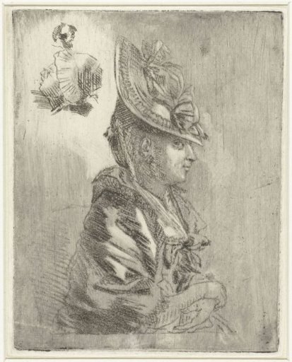 Study sheet with the portrait of a young woman with a hat and two smaller portraits
