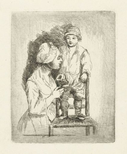 A mother sewing a button on her son's trousers